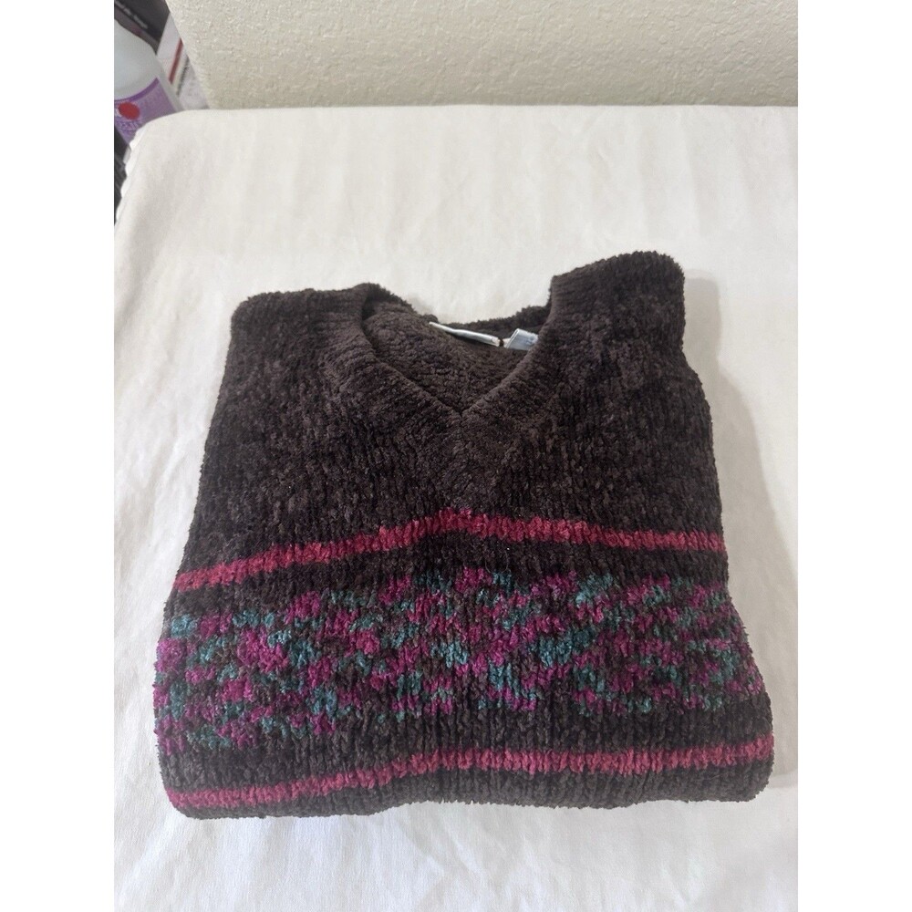 Vintage 90’s Retro Arizona Chocolate Brown W/ Color Band Chenille Sweater Size L